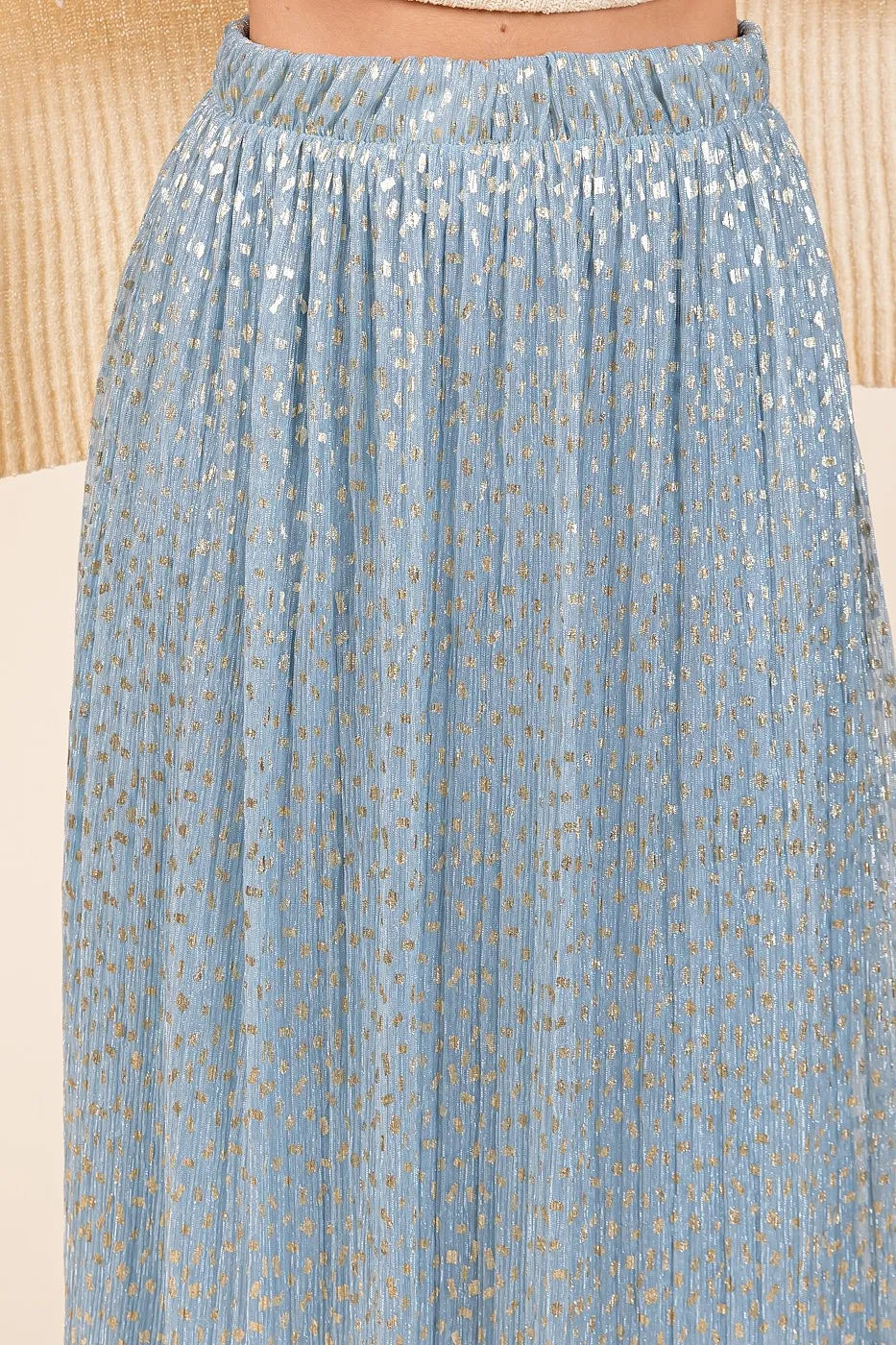 Blue metallic glitter speckle print elastic midi skirt by Mittoshop, featuring a stylish and comfortable fit.
