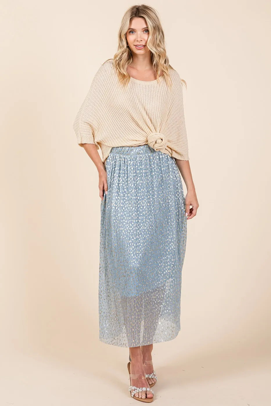 Blue metallic glitter speckle print elastic midi skirt from Mittoshop by Trendsi, featuring a shiny, textured fabric and comfortable stretch fit.