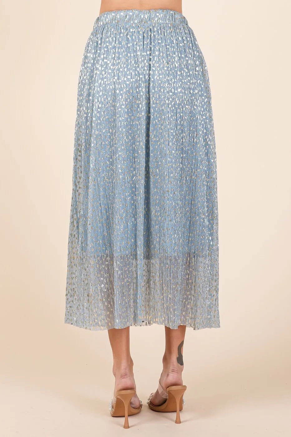 Blue metallic glitter speckle print elastic midi skirt from Mittoshop by Trendsi, featuring a shimmering, stylish design.