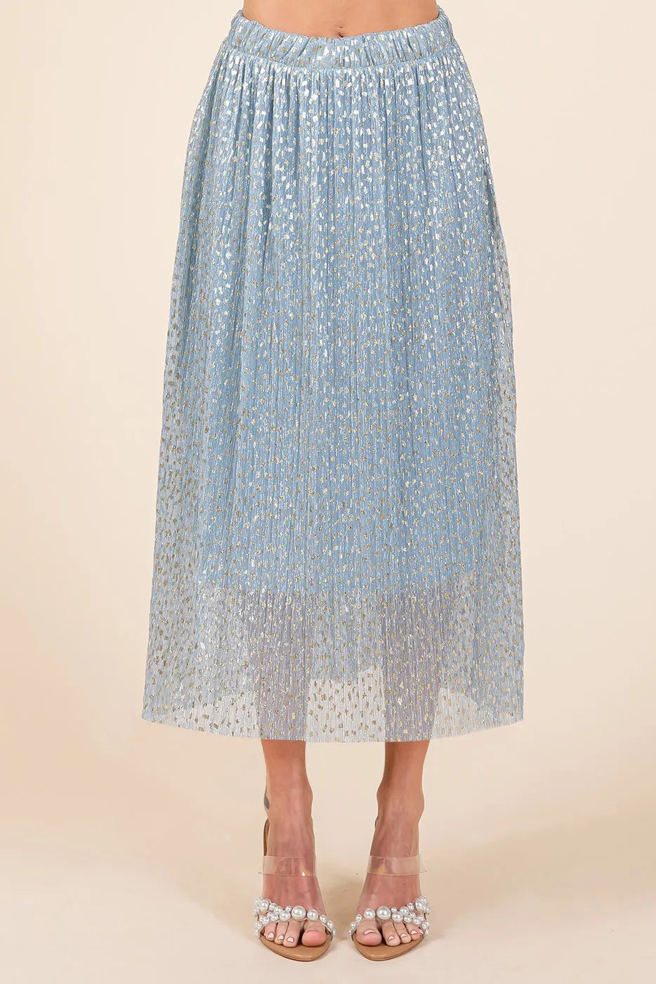 Trendsi Mittoshop metallic glitter speckle print elastic midi skirt in blue, featuring a shiny, textured fabric and a comfortable elastic waistband.