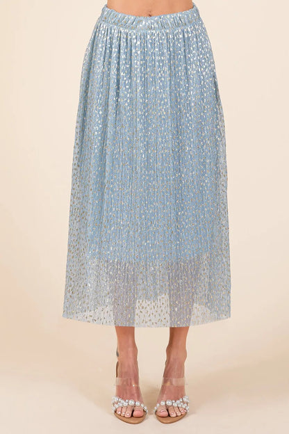 Trendsi Mittoshop metallic glitter speckle print elastic midi skirt in blue, featuring a shiny, textured fabric and a comfortable elastic waistband.