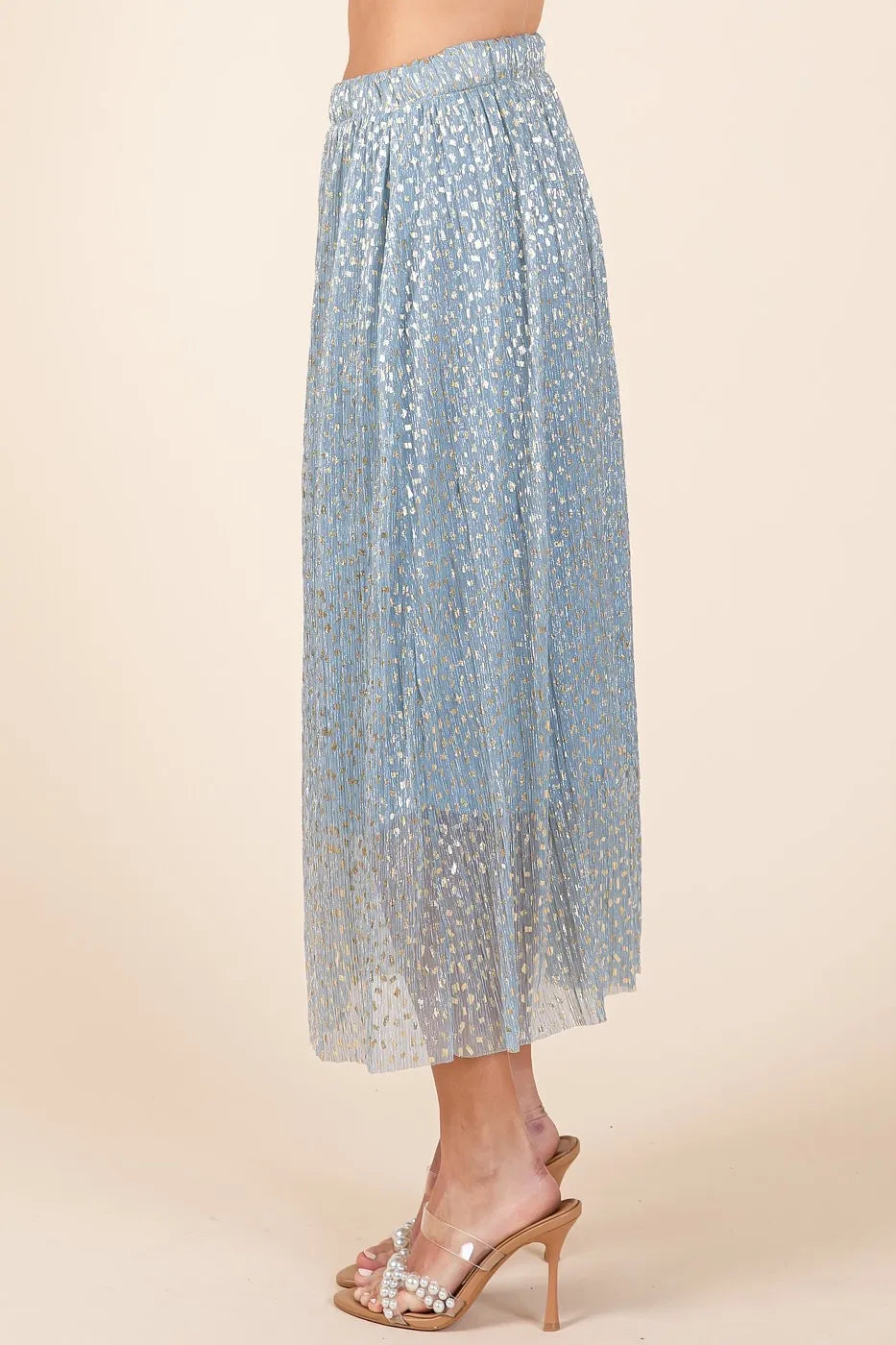 Blue metallic glitter speckle print elastic midi skirt by Mittoshop, stylish and comfortable for casual or dressy outfits.