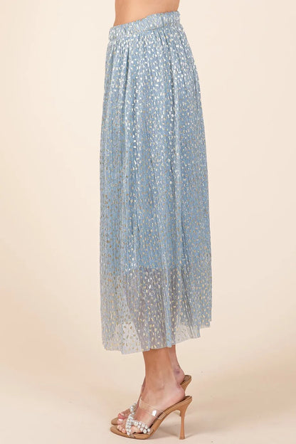 Blue metallic glitter speckle print elastic midi skirt by Mittoshop, stylish and comfortable for casual or dressy outfits.