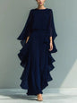 Blue ruffled chiffon long sleeve top and matching pants set by Trendsi, elegant and flowy fashion ensemble for women.