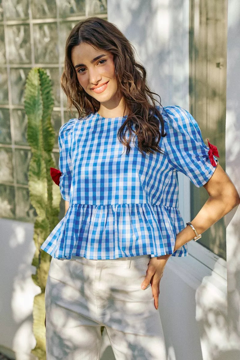 Blue SO ME 4th of July gingham blouse with ribbon details, short sleeves, trendy casual top by Trendsi.