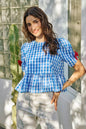 Blue SO ME 4th of July gingham blouse with ribbon details, short sleeves, trendy casual top by Trendsi.