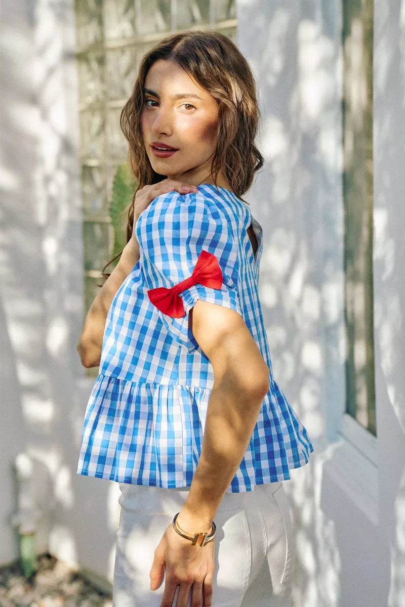 Blue SO ME 4th of July gingham blouse with ribbon detail, short sleeves, stylish casual top from Trendsi.