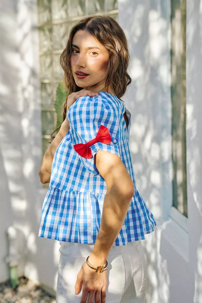 Blue SO ME 4th of July gingham blouse with ribbon detail, short sleeves, stylish casual top from Trendsi.