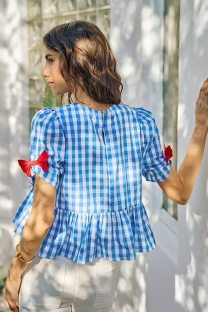 Blue SO ME 4th of July gingham blouse with ribbon detail, short sleeves, stylish casual top by Trendsi.