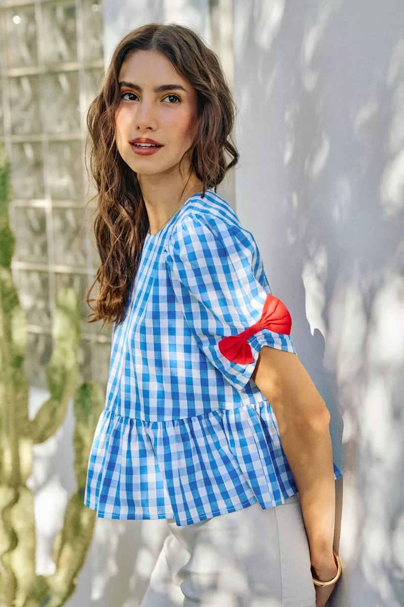 Blue SO ME 4th of July gingham blouse with ribbon detail, short sleeves, stylish casual top from Trendsi.
