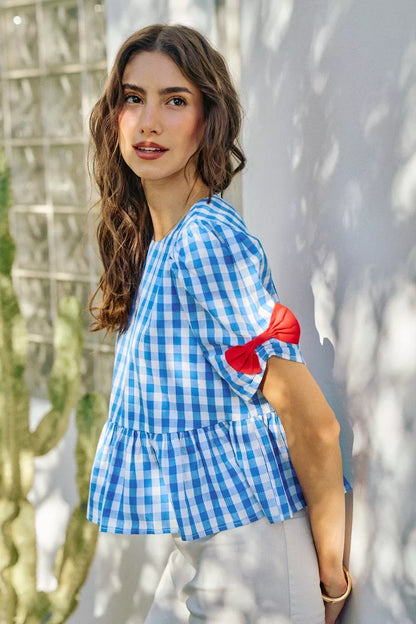 Blue SO ME 4th of July gingham blouse with ribbon detail, short sleeves, stylish casual top from Trendsi.