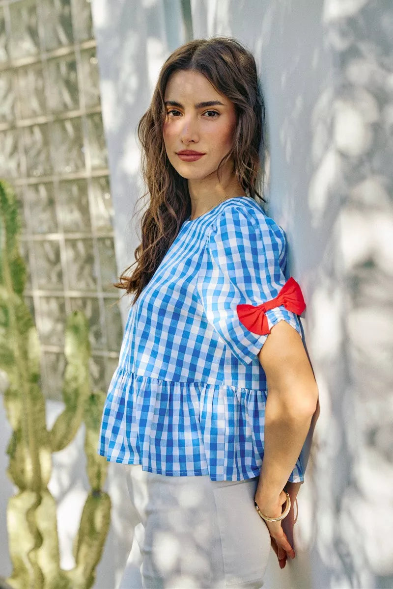 Blue SO ME 4th of July gingham blouse with ribbon details, short sleeves, casual fit, from Trendsi.
