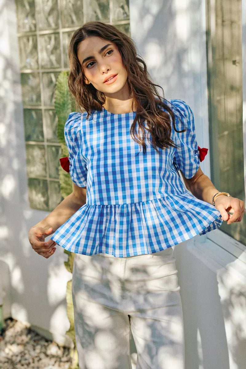 Blue SO ME 4th of July gingham blouse with ribbon detail, short sleeves, trendy spring fashion from Trendsi.