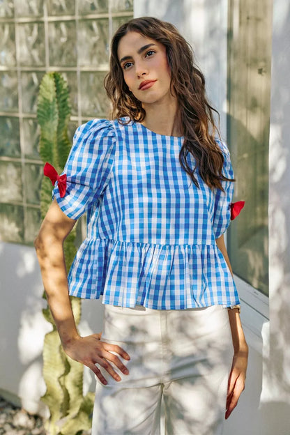 Blue SO ME 4th of July gingham blouse with ribbon detail, short sleeves, stylish casual top by Trendsi.