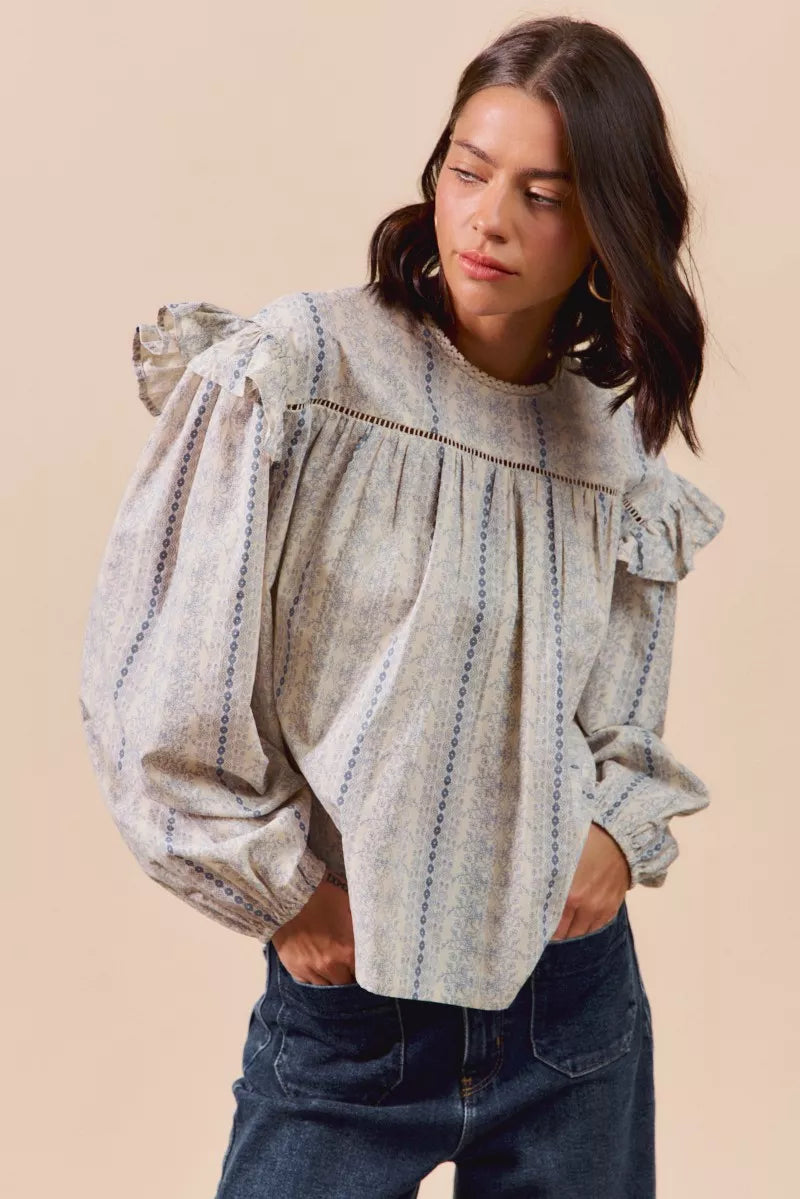 Blue floral cotton print long sleeve blouse with ruffled details from SO ME by Trendsi.