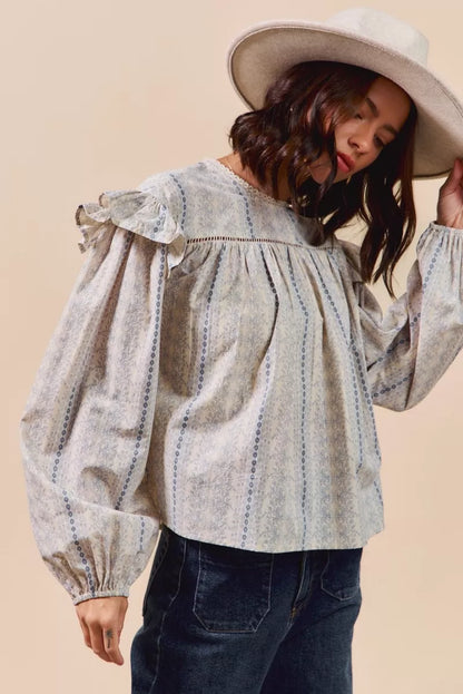 Blue floral cotton print long sleeve blouse with ruffled details from SO ME by Trendsi.