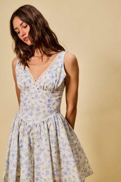 Blue SO ME Froal print fit and flare dress from Trendsi, showcasing a stylish, sleeveless design with vibrant floral patterns.