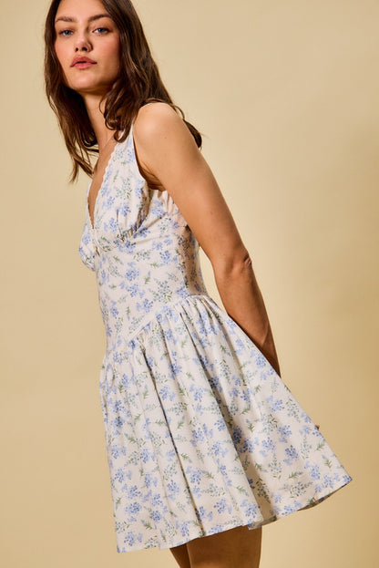 Blue SO ME Froal print fit and flare dress by Trendsi, showcasing a stylish, knee-length dress with a vibrant floral pattern.