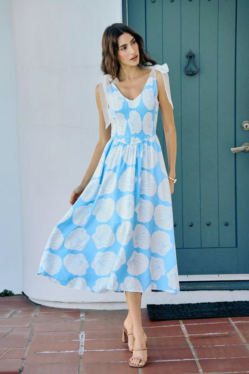 Blue SO ME Shell smocked bodice midi dress with shoulder tie and lining, trendy and stylish for casual or semi-formal wear.