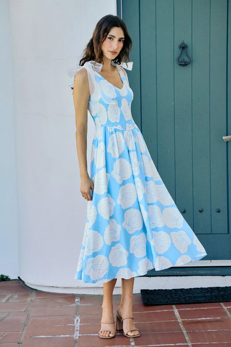 Blue Trendsi SO ME Shell smocked bodice midi dress with shoulder tie straps and lining, perfect for casual or summer wear.