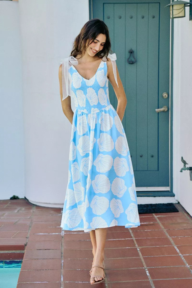 Blue Trendsi SO ME Shell smocked bodice shoulder tie midi dress with lining, perfect for casual or semi-formal occasions.