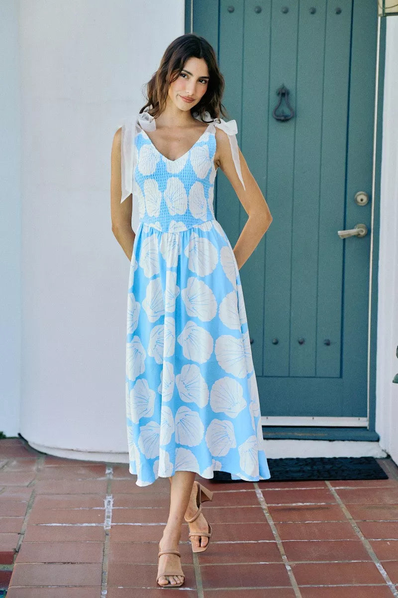 Blue Trendsi SO ME Shell smocked bodice midi dress with shoulder ties and lining, perfect for casual or semi-formal occasions.