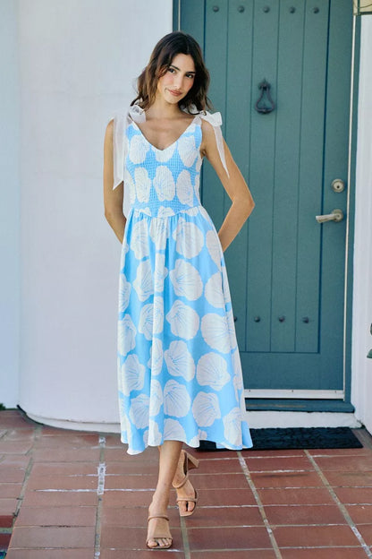Blue Trendsi SO ME Shell smocked bodice midi dress with shoulder ties and lining, perfect for casual or semi-formal occasions.