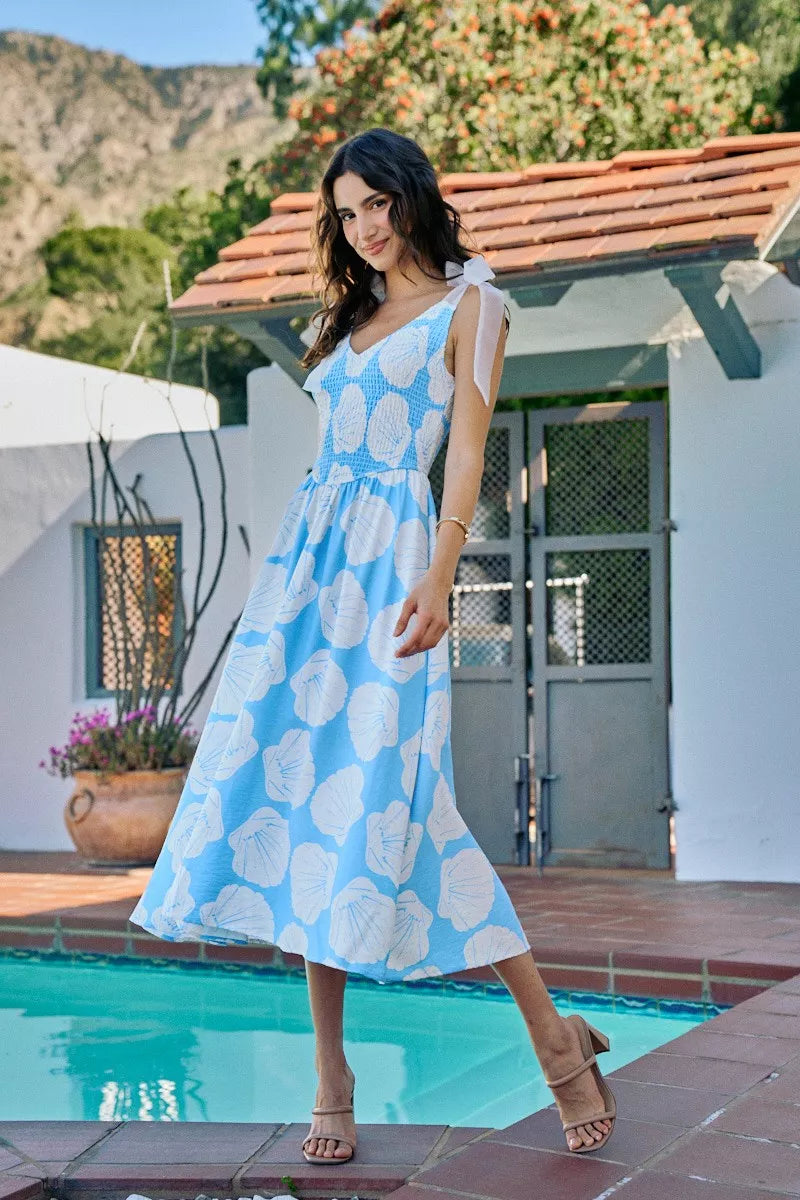 Blue SO ME shell smocked bodice shoulder tie lined midi dress by Trendsi, featuring a fitted bodice and flowy midi length.