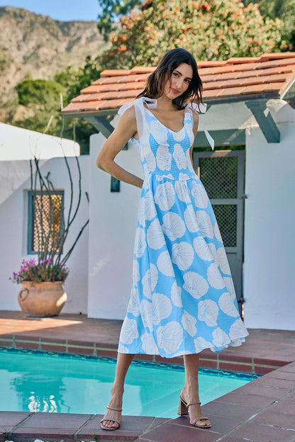 Blue SO ME Shell smocked bodice midi dress with shoulder ties and lining, featuring a stylish and comfortable design.