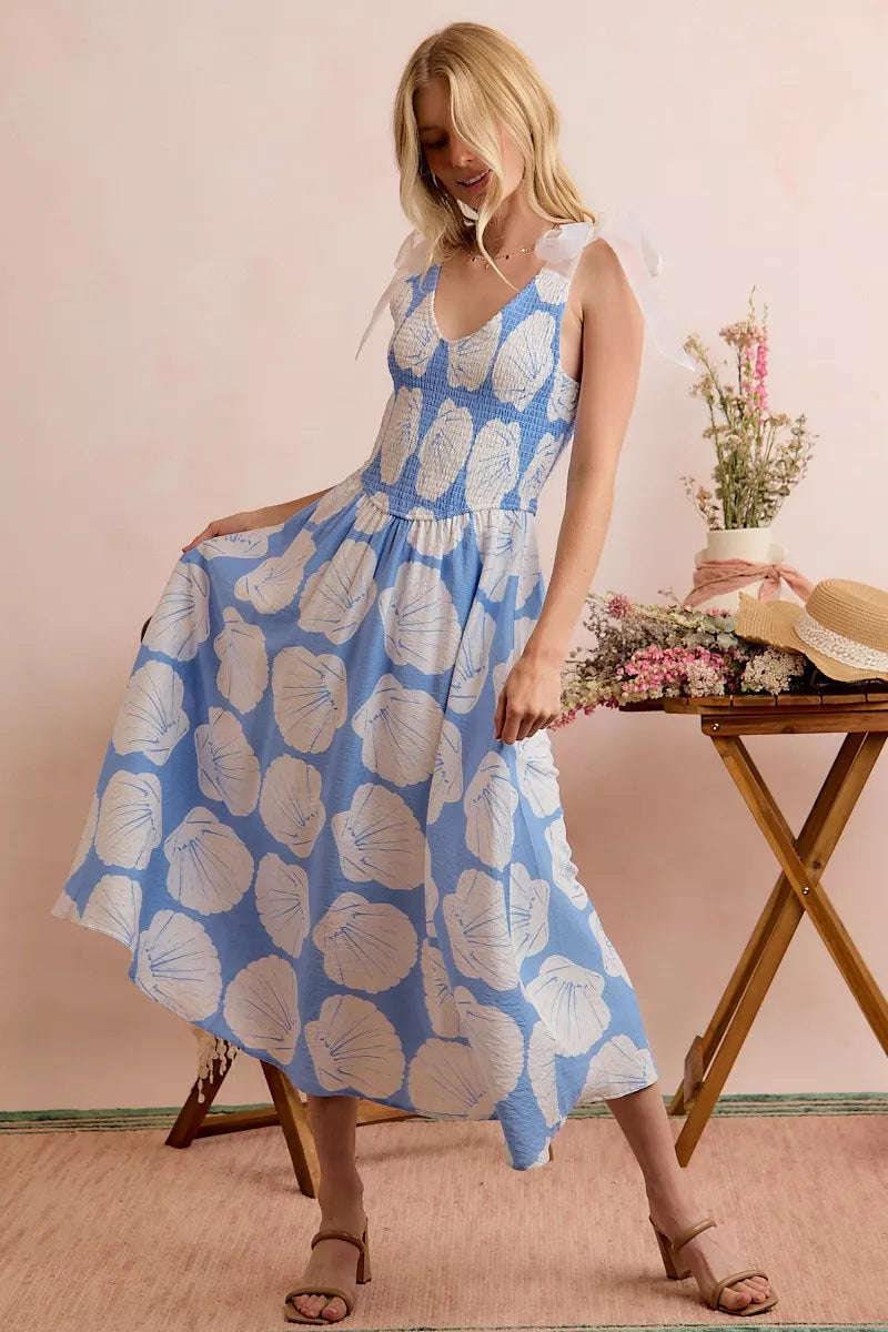 Blue Trendsi SO ME Shell smocked bodice midi dress with shoulder ties and lining, perfect for summer or casual occasions.
