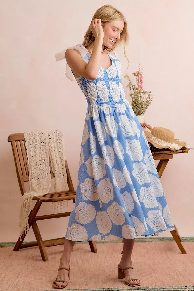 Blue Trendsi Shell smocked bodice midi dress with shoulder ties and lining, featuring a stylish and comfortable design.