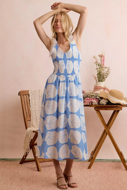 Blue Trendsi SO ME Shell smocked bodice midi dress with shoulder tie straps and lined fabric, perfect for summer wear.