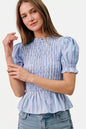 Blue Trendsi SO ME stripe blouse with smocked bodice and puff sleeves, stylish top for casual and dressy occasions.