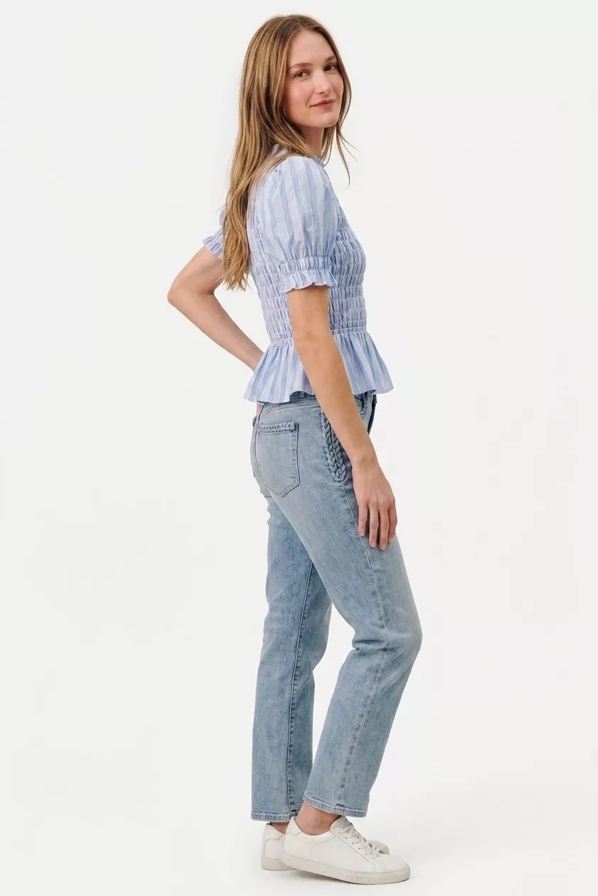 Blue Trendsi SO ME striped blouse with smocked bodice and puff sleeves, featuring a stylish and comfortable women's top.