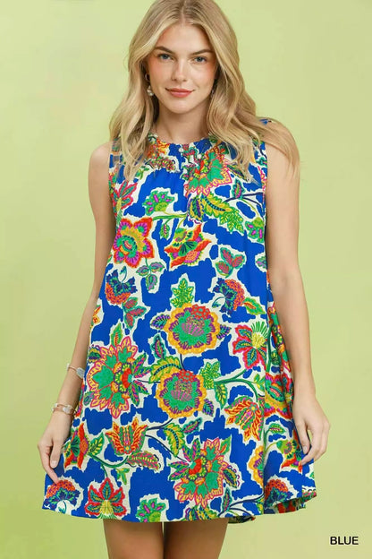 Blue Umgee sleeveless shift dress with an abstract print, featuring a relaxed fit and stylish design.