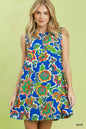 Blue Umgee sleeveless shift dress with an abstract print, featuring a relaxed fit and stylish design.