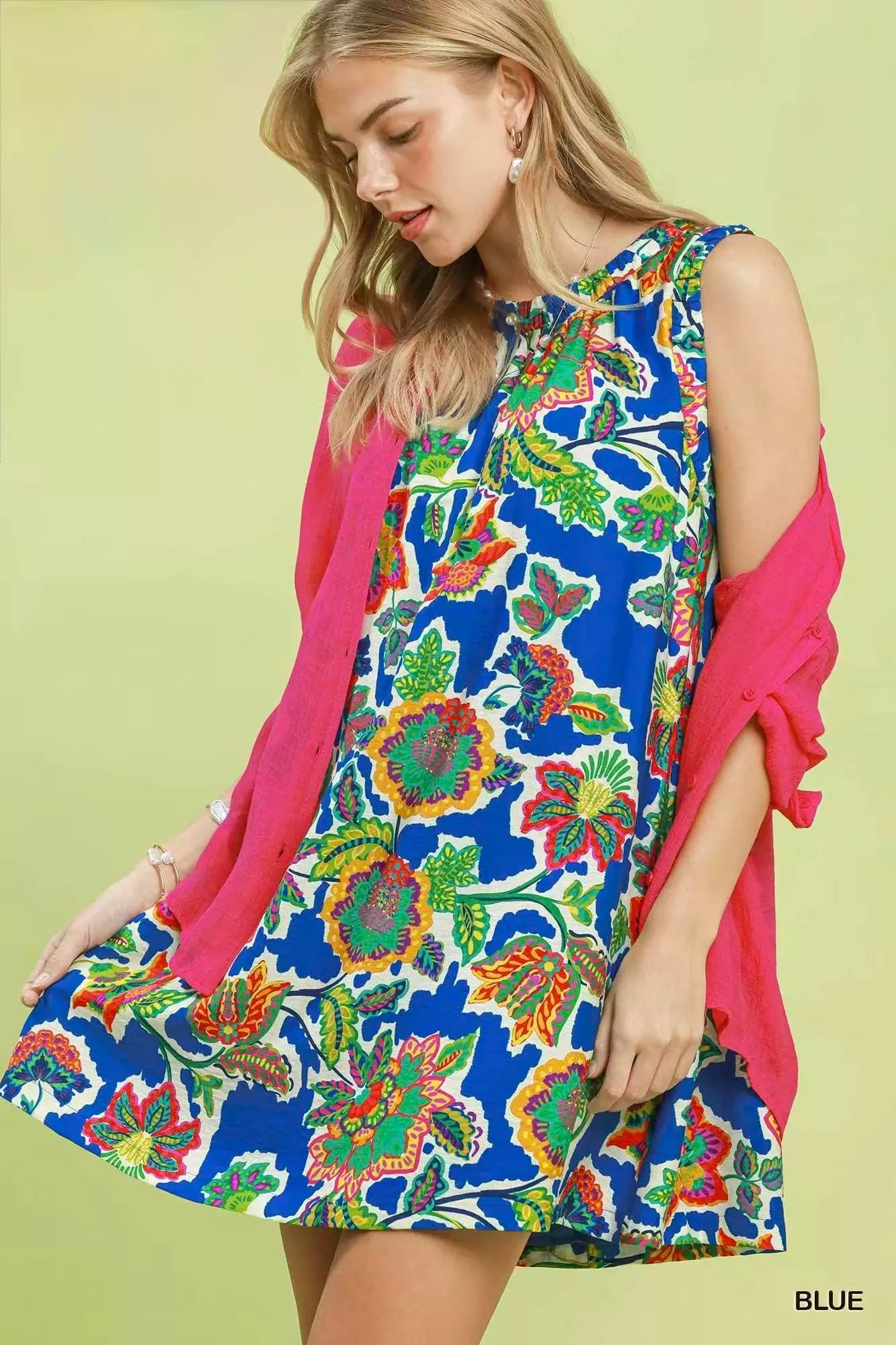 Blue Umgee sleeveless shift dress with an abstract print, featuring a relaxed fit and stylish sleeveless design.