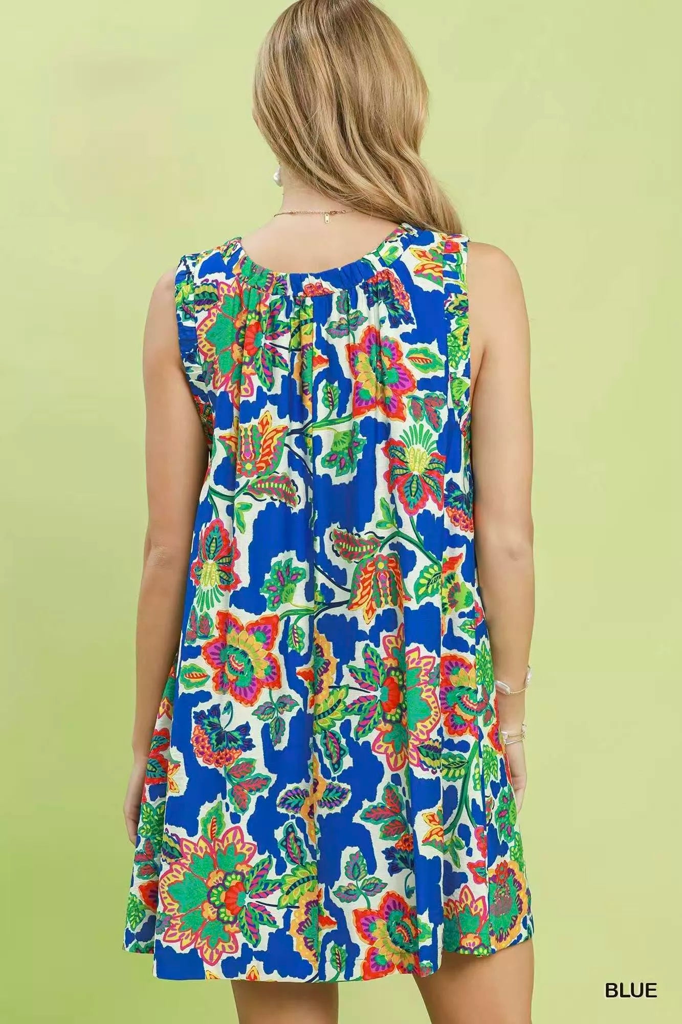 Blue Umgee sleeveless shift dress with abstract print, casual and stylish for warm-weather wear.