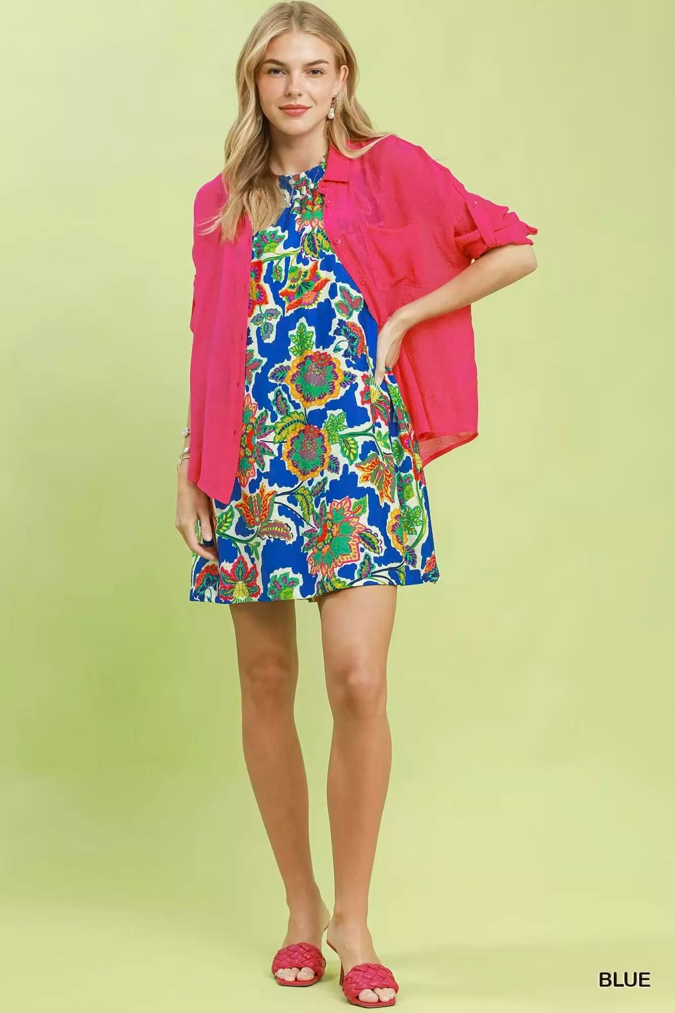 Blue Umgee sleeveless shift dress with abstract print, stylish and comfortable for casual wear.