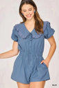 Blue Umgee collared short sleeve button-down romper by Trendsi, shown on a hanger with a casual, stylish fit.