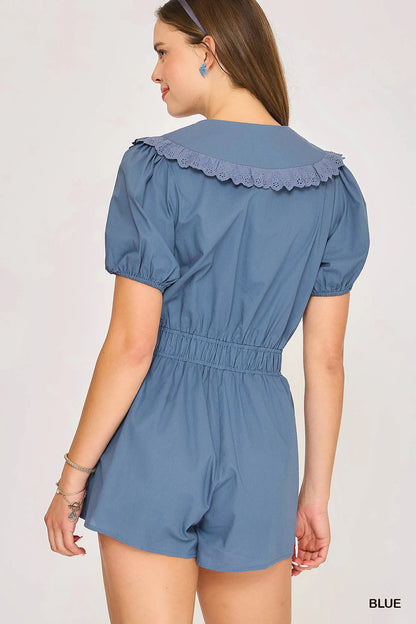 Blue Umgee collared short sleeve button-down romper, casual summer jumpsuit with front buttons and relaxed fit.