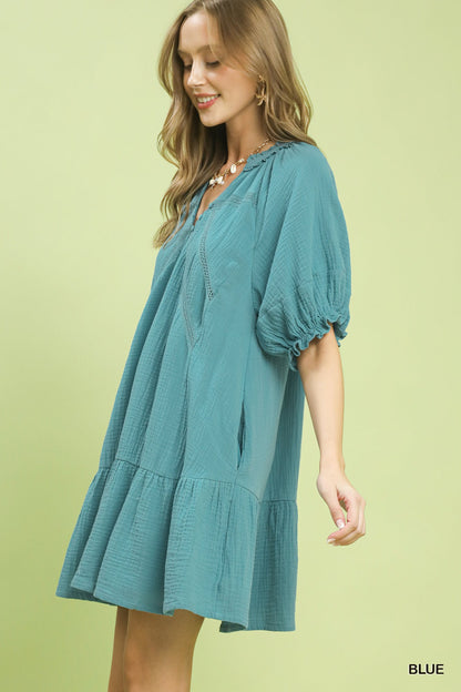 Blue Umgee cotton gauze mini dress from Trendsi, featuring a relaxed fit and lightweight, breathable fabric for casual wear.