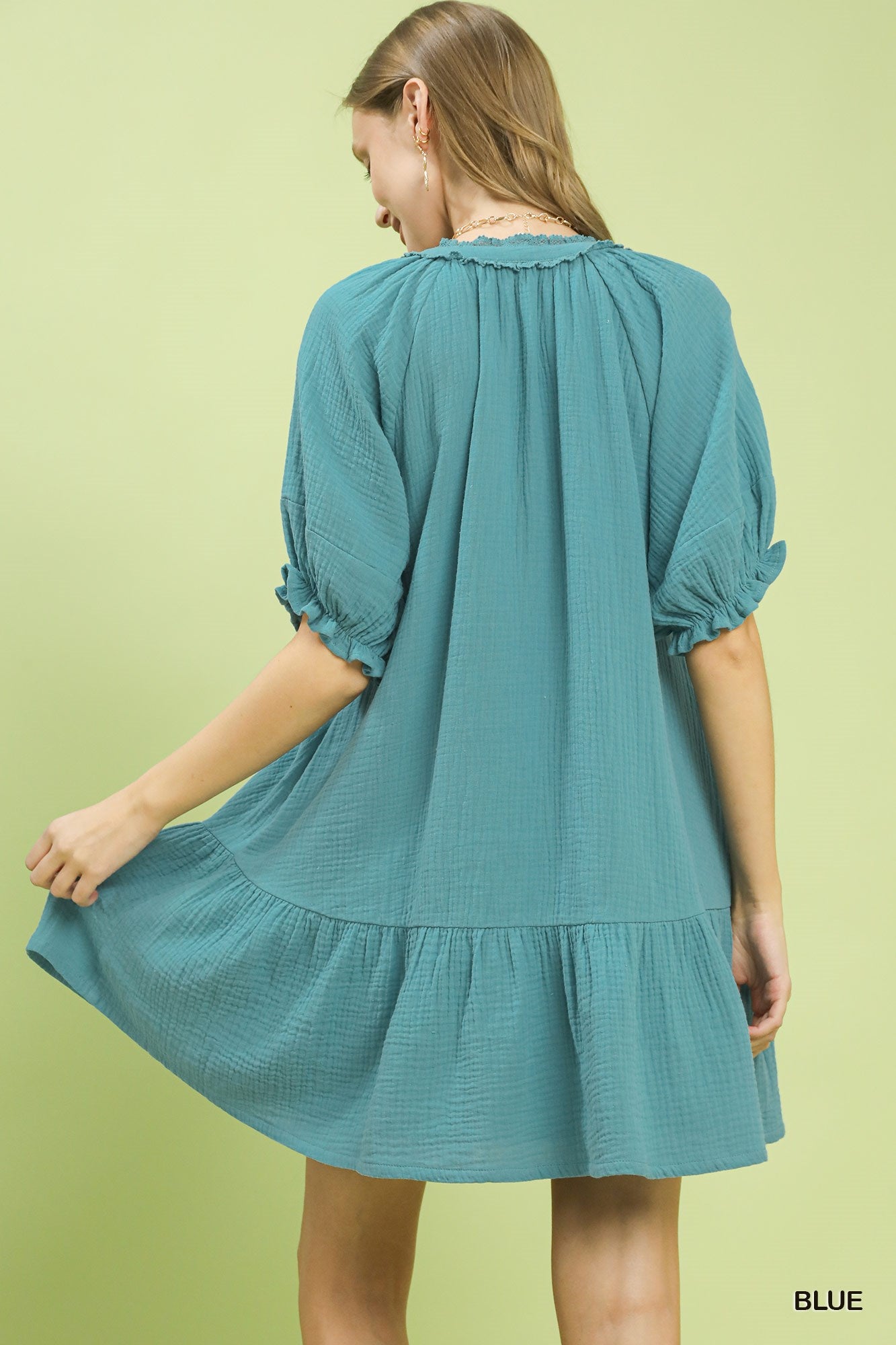 Blue Umgee cotton gauze mini dress with a relaxed fit, featuring short sleeves and a casual, breezy style perfect for warm weather.