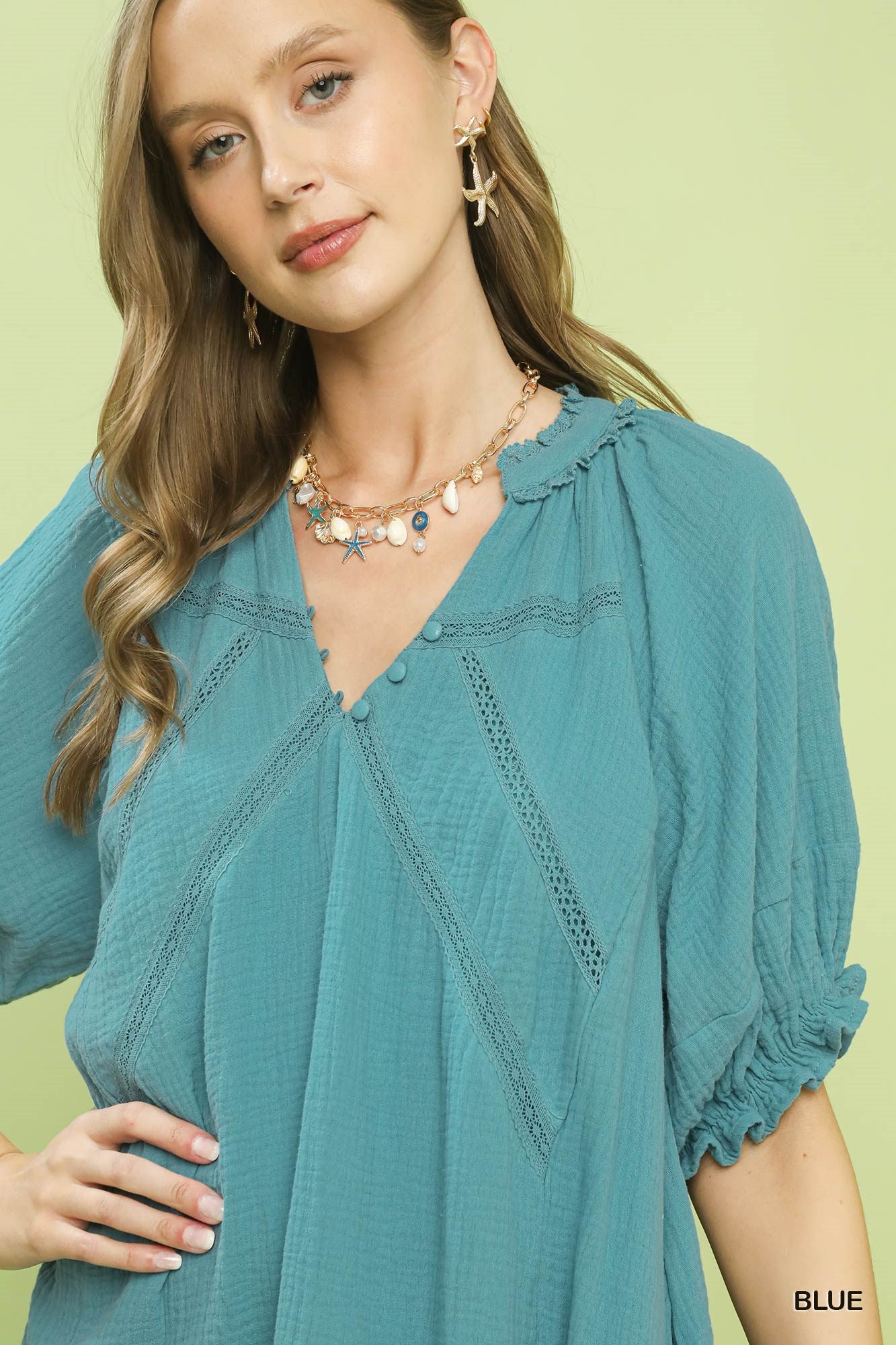 Blue Umgee cotton gauze mini dress with short sleeves and relaxed fit, perfect for casual summer wear.