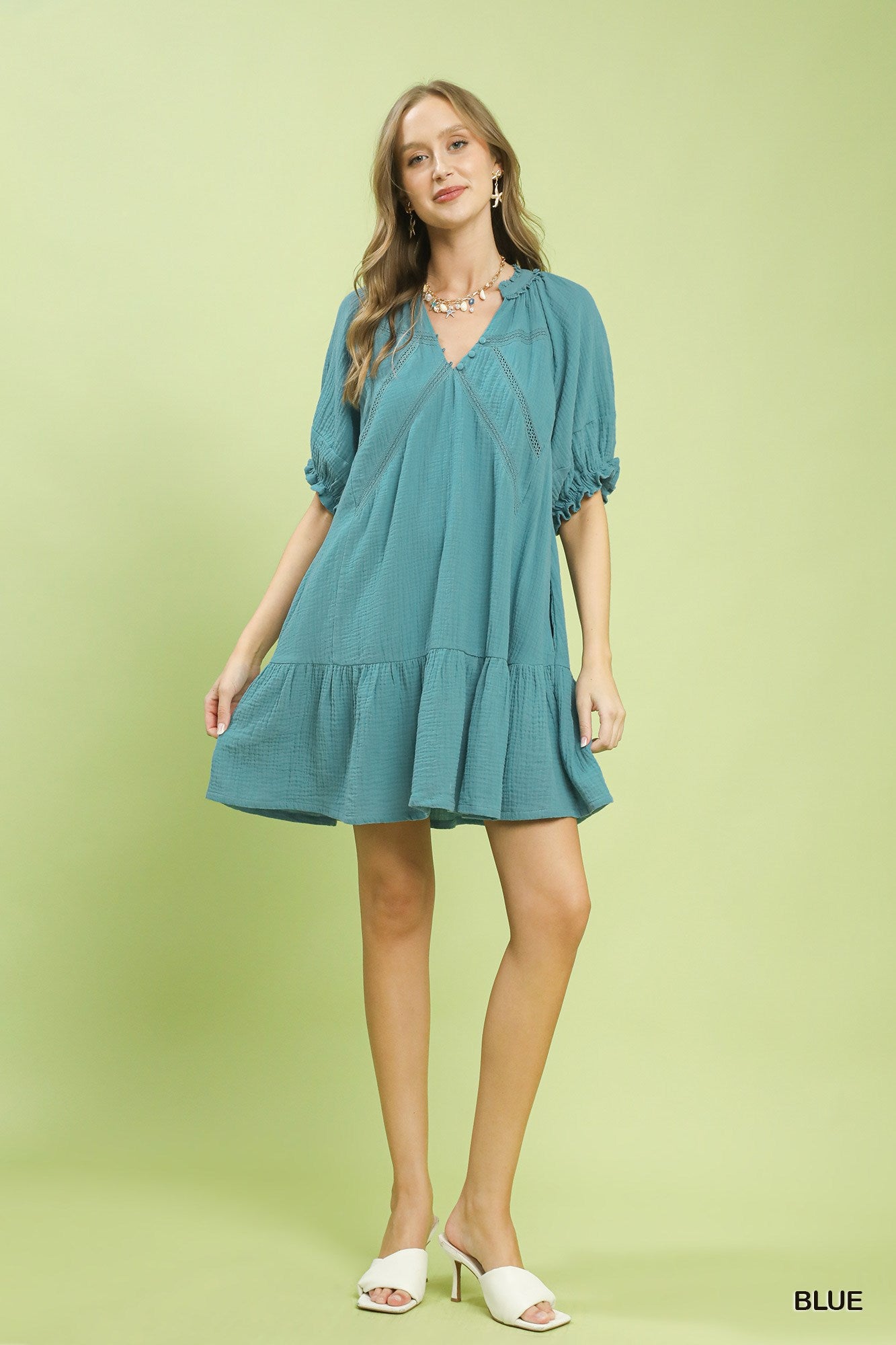 Blue Umgee Cotton Gauze Mini Dress with short sleeves and relaxed fit, perfect for casual summer wear.