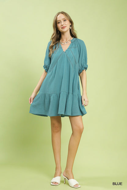 Blue Umgee Cotton Gauze Mini Dress with short sleeves and relaxed fit, perfect for casual summer wear.