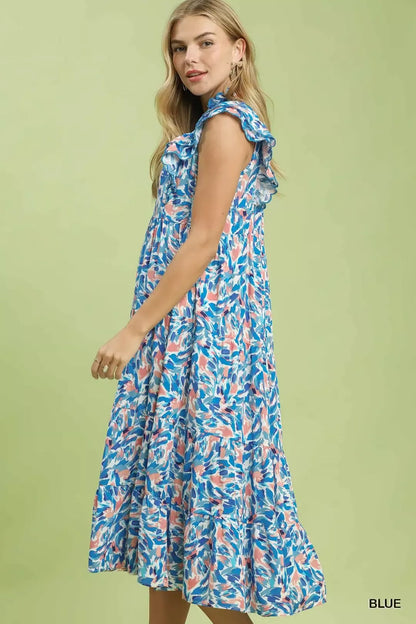 Blue Umgee Leaf Print Midi Tiered Dress with Side Pockets, stylish and flowy for casual or semi-formal wear.