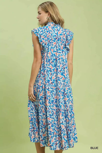 Blue Umgee leaf print midi tiered dress with side pockets, featuring a relaxed fit and bohemian style, perfect for casual wear.