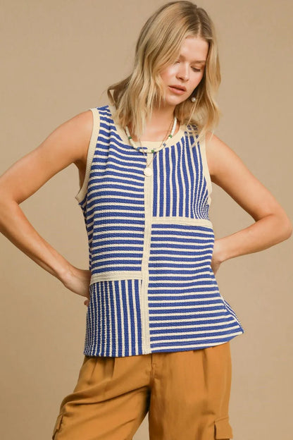Blue Umgee striped tank top with a round neck and textured fabric, featuring a casual sleeveless design.