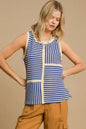 Blue Umgee striped tank top with a round neck and textured fabric, featuring a casual sleeveless design.